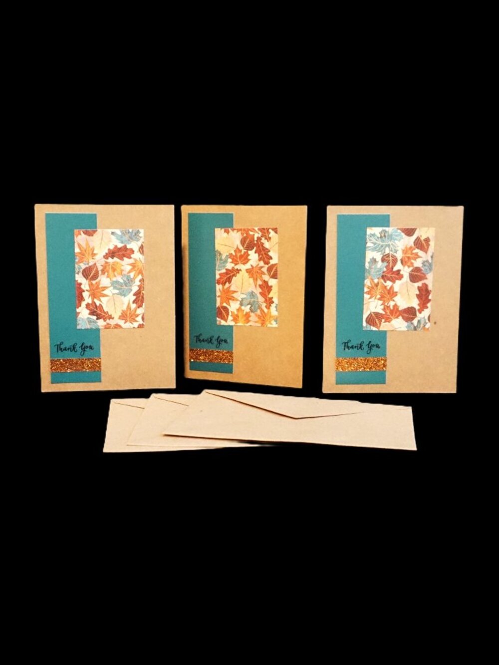 Set of 3 Handmade Thank You Note Cards Kraft Teal Fall Leaves with Glitter Tape